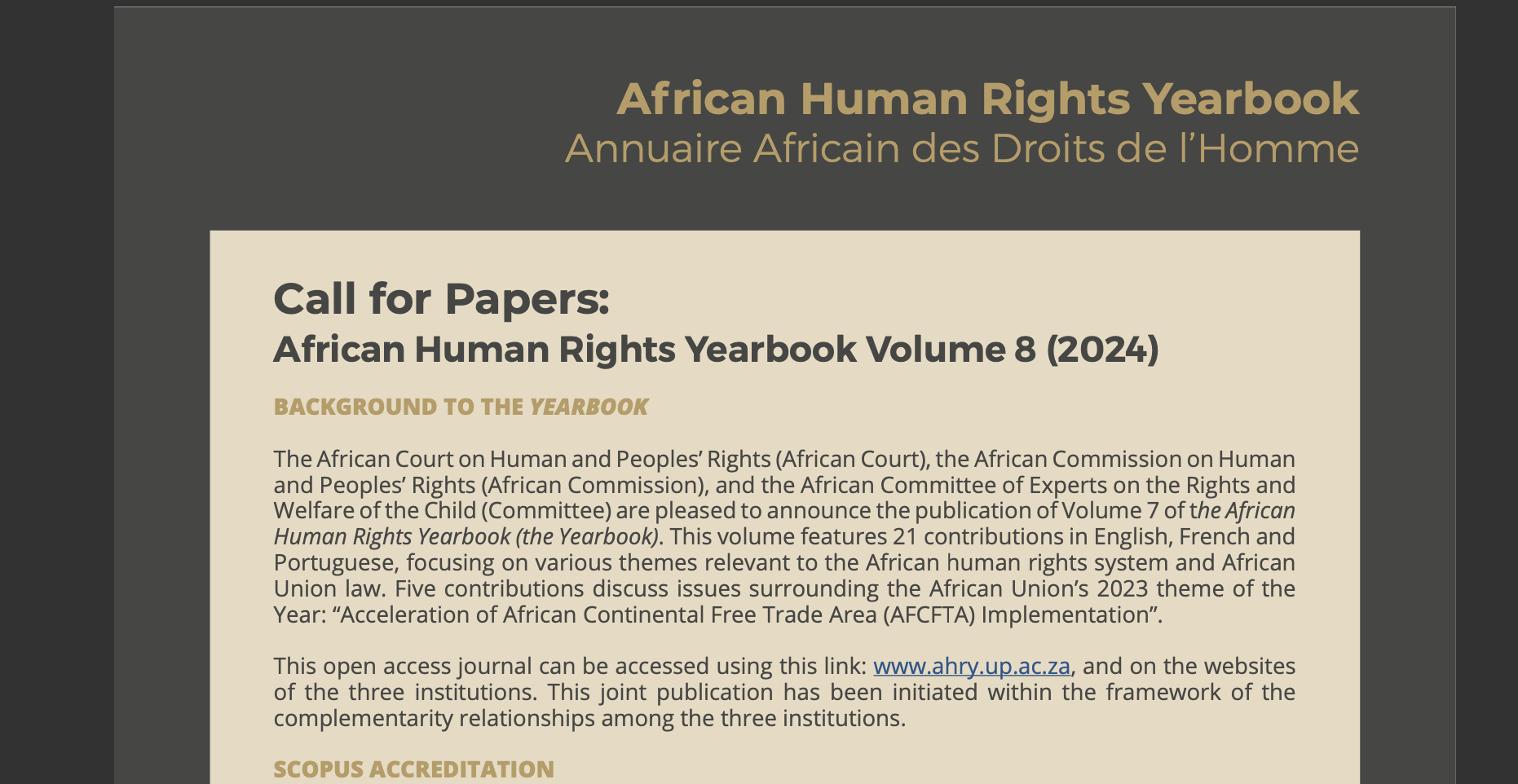 CALL FOR PAPERS: AFRICAN HUMAN RIGHTS YEARBOOK VOLUME 8 (2024)