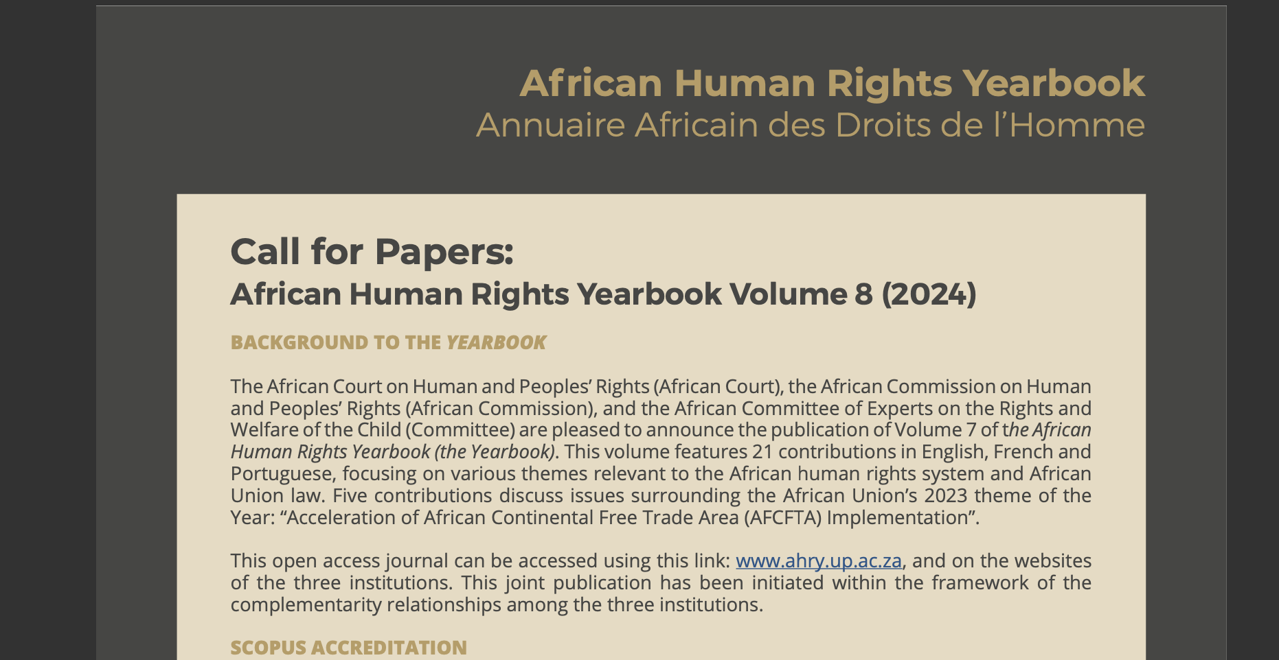 SOLICITAÇÃO DE COMUNICAÇÕES: ANUÁRIO AFRICANO DOS DIREITOS HUMANOS VOLUME 8 (2024)